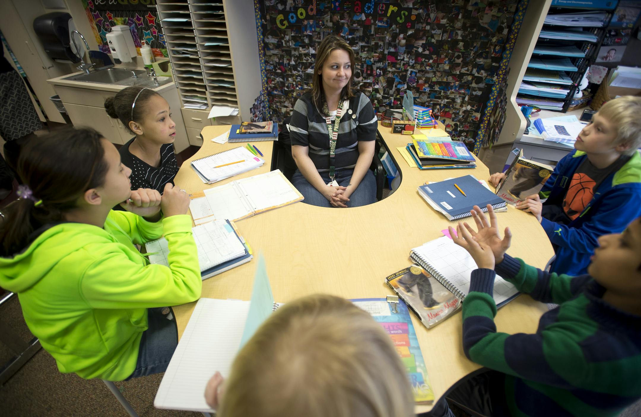Glacier Hills Elementary fourth grade teacher Ms. Houlding meets with a small group of students in her class on Tuesday afternoon. ] (Aaron Lavinsky | StarTribune) The Rosemount - Apple Valley - Eagan district, the state's fourth largest, has been named racially isolated by the state, because they are next to less-diverse Hastings. Students at Glacier Hills Elementary were photographed during instruction on Tuesday, Jan. 27, 2015 in Eagan.