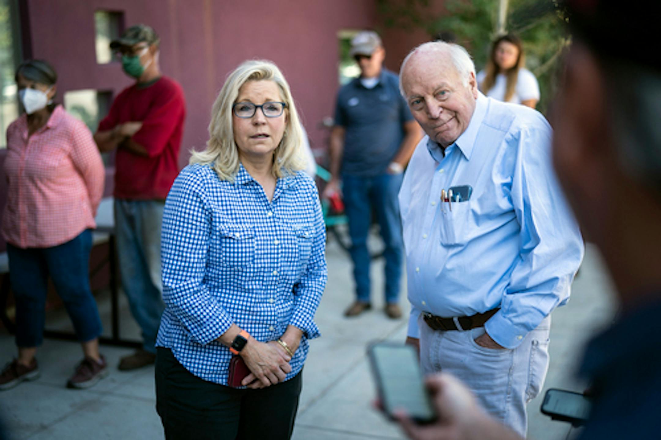 Rep. Liz Cheney, R-Wyo., arrives, with her father, former Vice President Dick Cheney, to vote at the Teton County Library during the Republican primary election on Tuesday, Aug. 16, 2022, in Jackson Hole, Wyo. (Jabin Botsford/The Washington Post via AP)