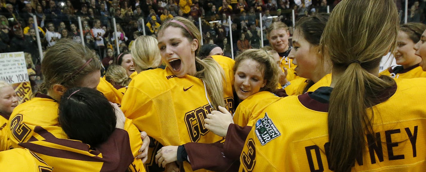 Minnesota celebrated at the end of the game. Minnesota beat Boston University by a final score of 6-3 to win the NCCA National Championship. ] CARLOS GONZALEZ cgonzalez@startribune.com - March 24, 2013, Minneapolis, Minn., Ridder Arena, NCCA Women&#x201a;&#xc4;&#xf4;s Hockey Championship, Frozen Four, University of Minnesota vs. Boston University Terriers