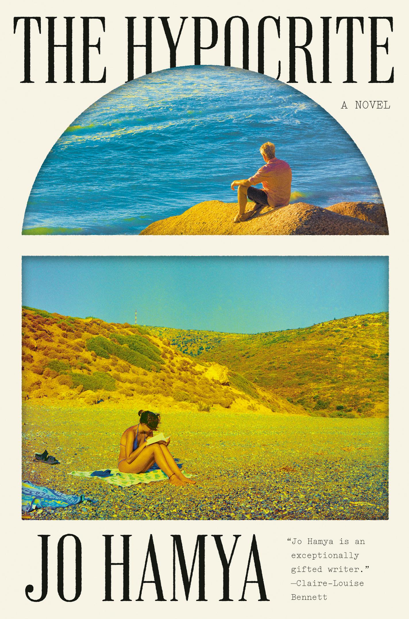 Two images on cover of The Hypocrite depict a man and a woman on beaches.