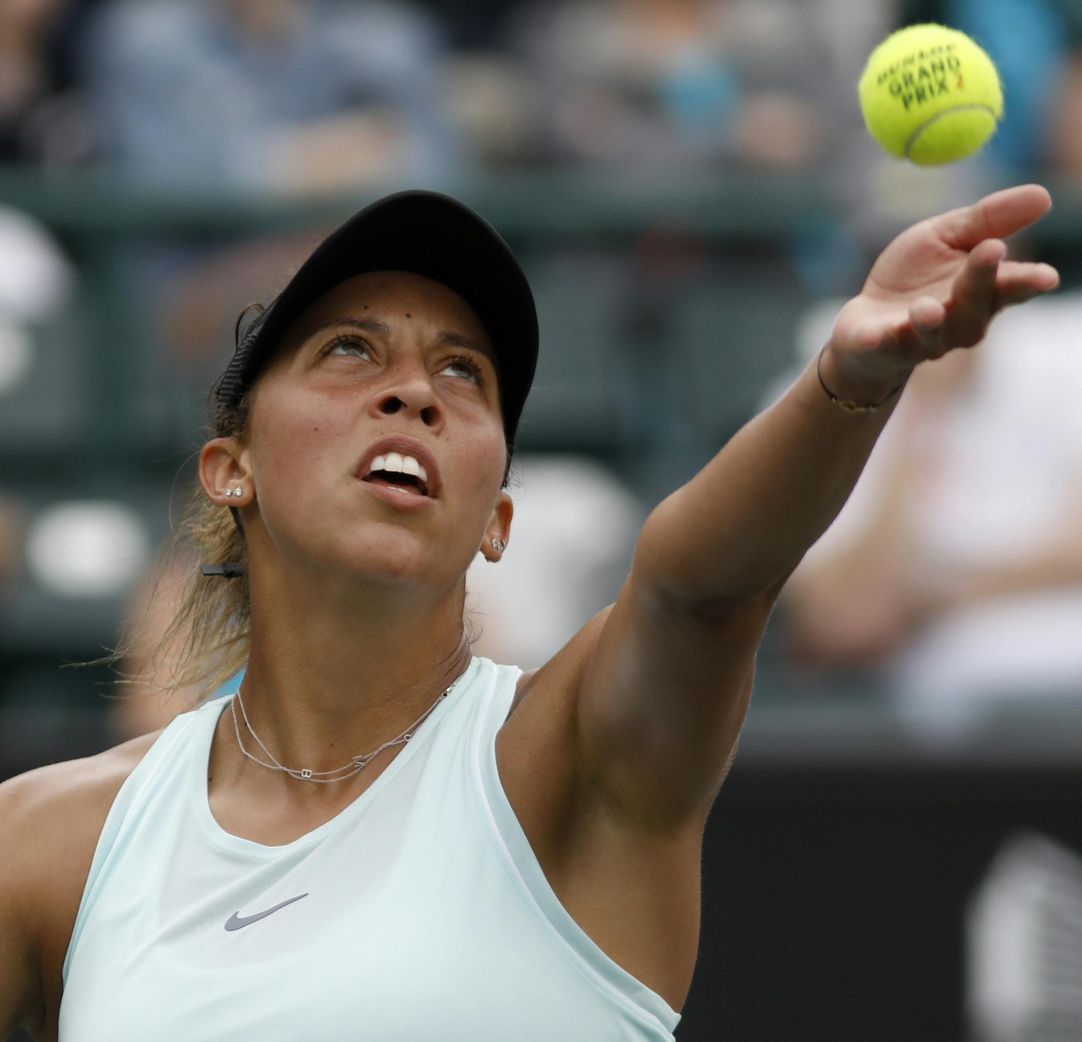 Madison Keys serves to Caroline Wozniacki, from Denmark, during their finals match at the Volvo Car Open tennis tournament in Charleston, S.C., Sunday, April 7, 2019. (AP Photo/Mic Smith)