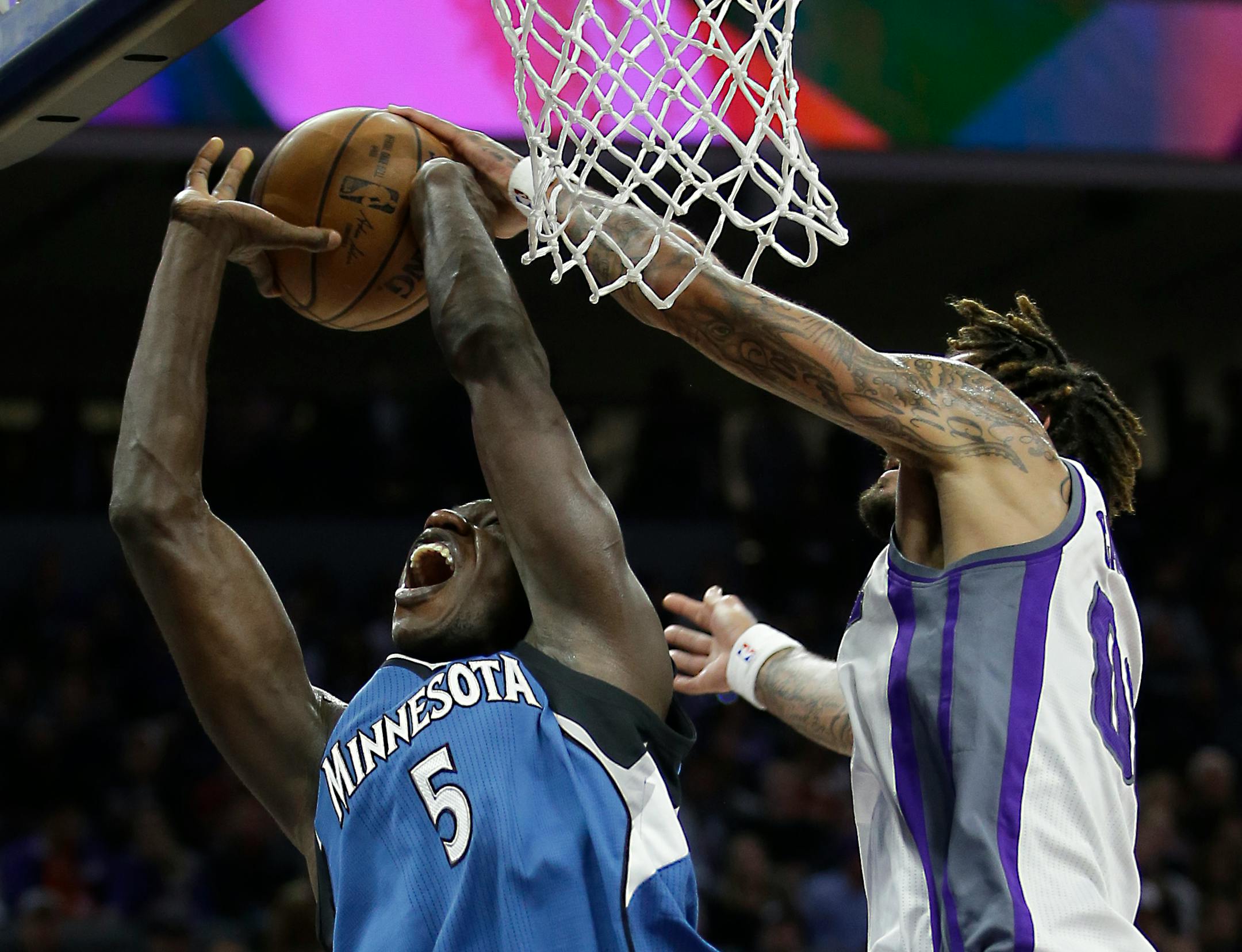 An important part of the game of Timberwolves center Gorgui Dieng (5) was the chemistry he had with teammate Zach LaVine, who is injured.