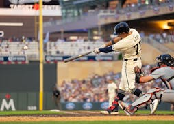 Minnesota Twins third baseman Brooks Lee hit an rbi single in the seventh inning, the second hit of the night he made his major league debut at Target