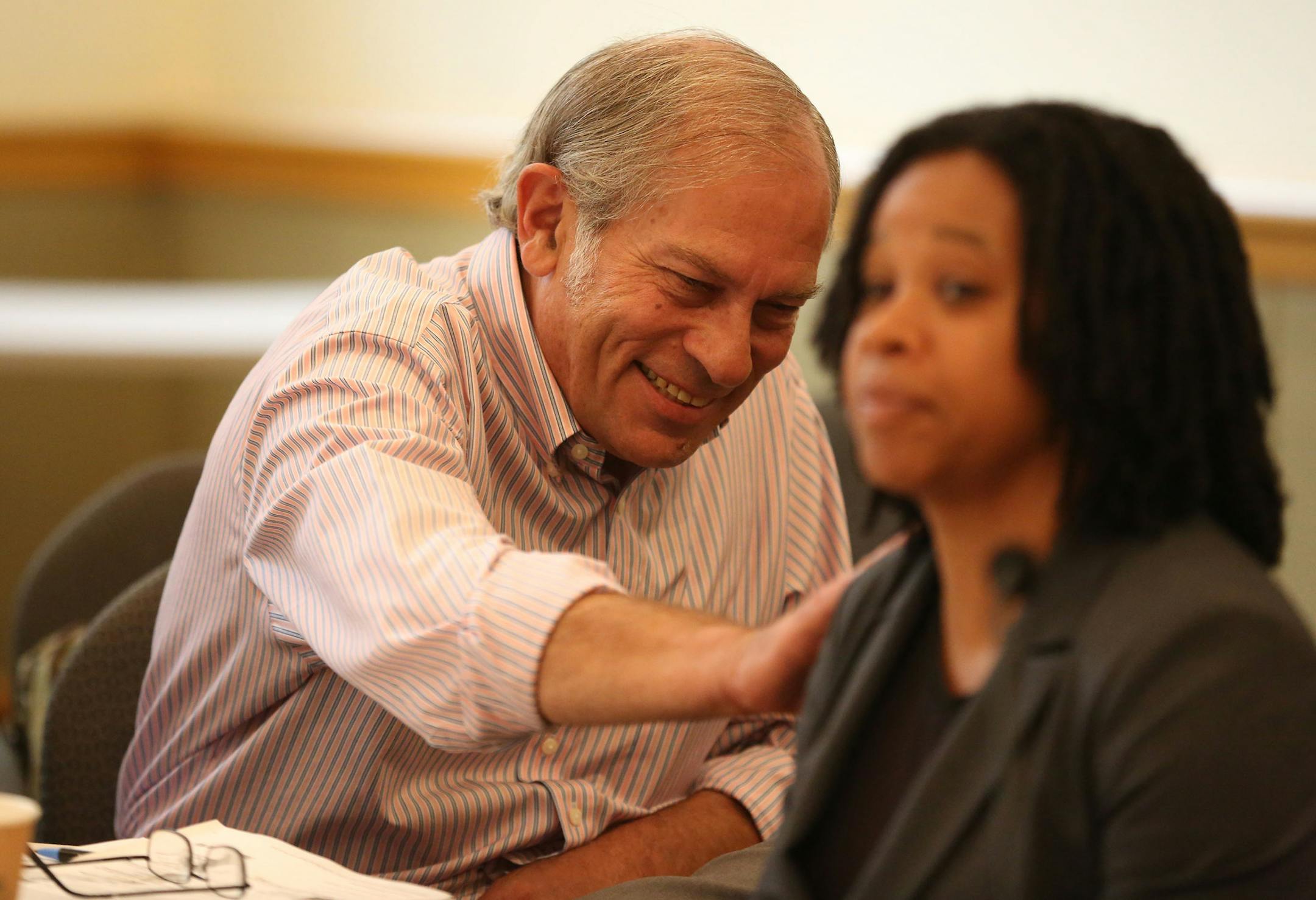 Former DFL state senator Andy Dawkins who will be running for attorney general for the Green Party patted Lena Buggs who will be running for state representative she after she ran down the reasons why she was running during a "candidate school" workshop. ] (KYNDELL HARKNESS/STAR TRIBUNE) kyndell.harkness@startribune.com The Green Party kicks off its national convention at Macalester College in St. Paul, Min. Friday, July 25, 2014.