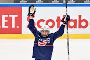 Taylor Heise of USA celebrates after scoring during The IIHF World Championship Woman's ice hockey semi-finals match between USA and Czech Republic in