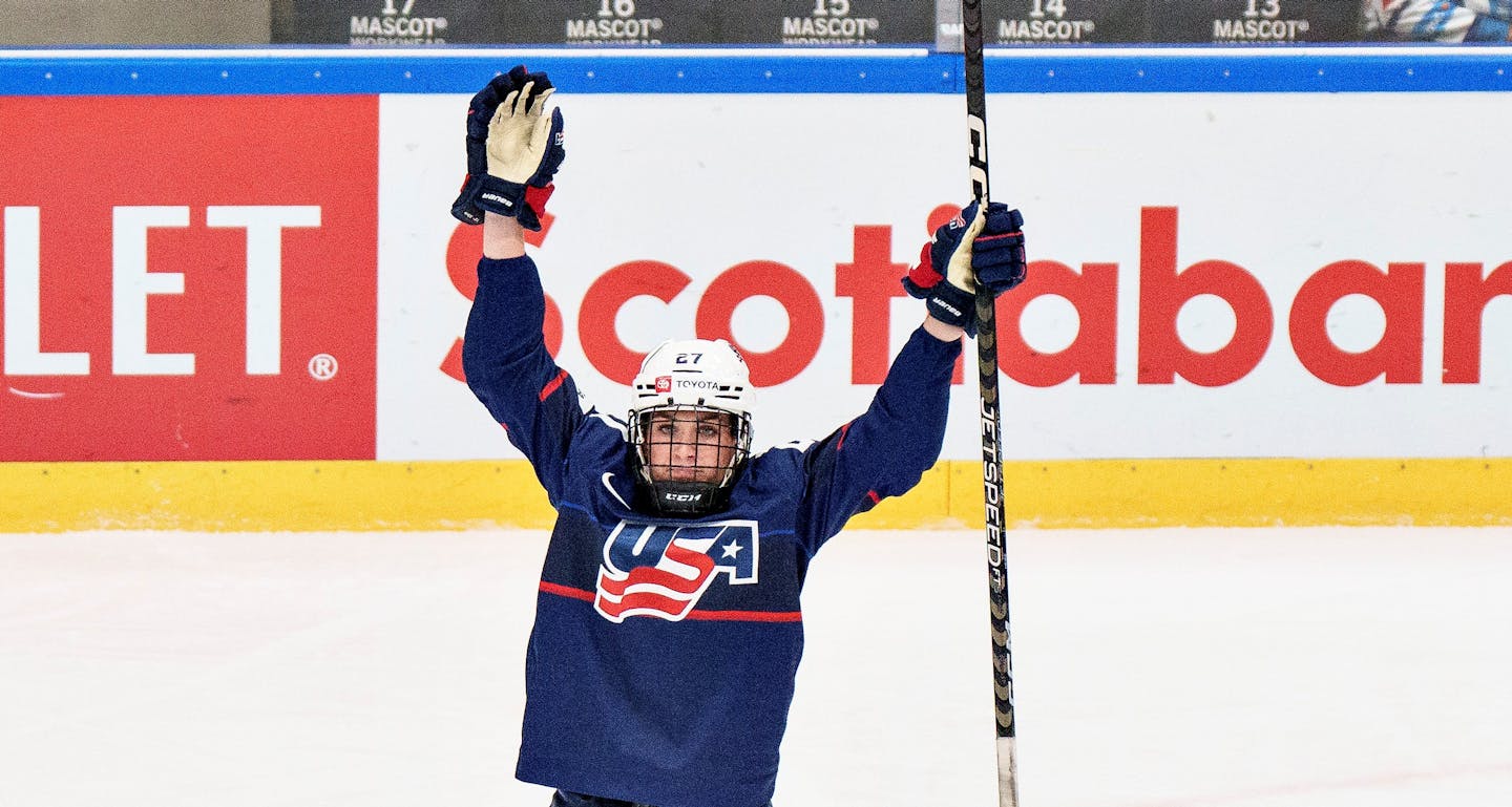 Taylor Heise of USA celebrates after scoring during The IIHF World Championship Woman's ice hockey semi-finals match between USA and Czech Republic in Herning, Denmark, Saturday, Sept. 3, 2022. (Henning Bagger/Ritzau Scanpix via AP)