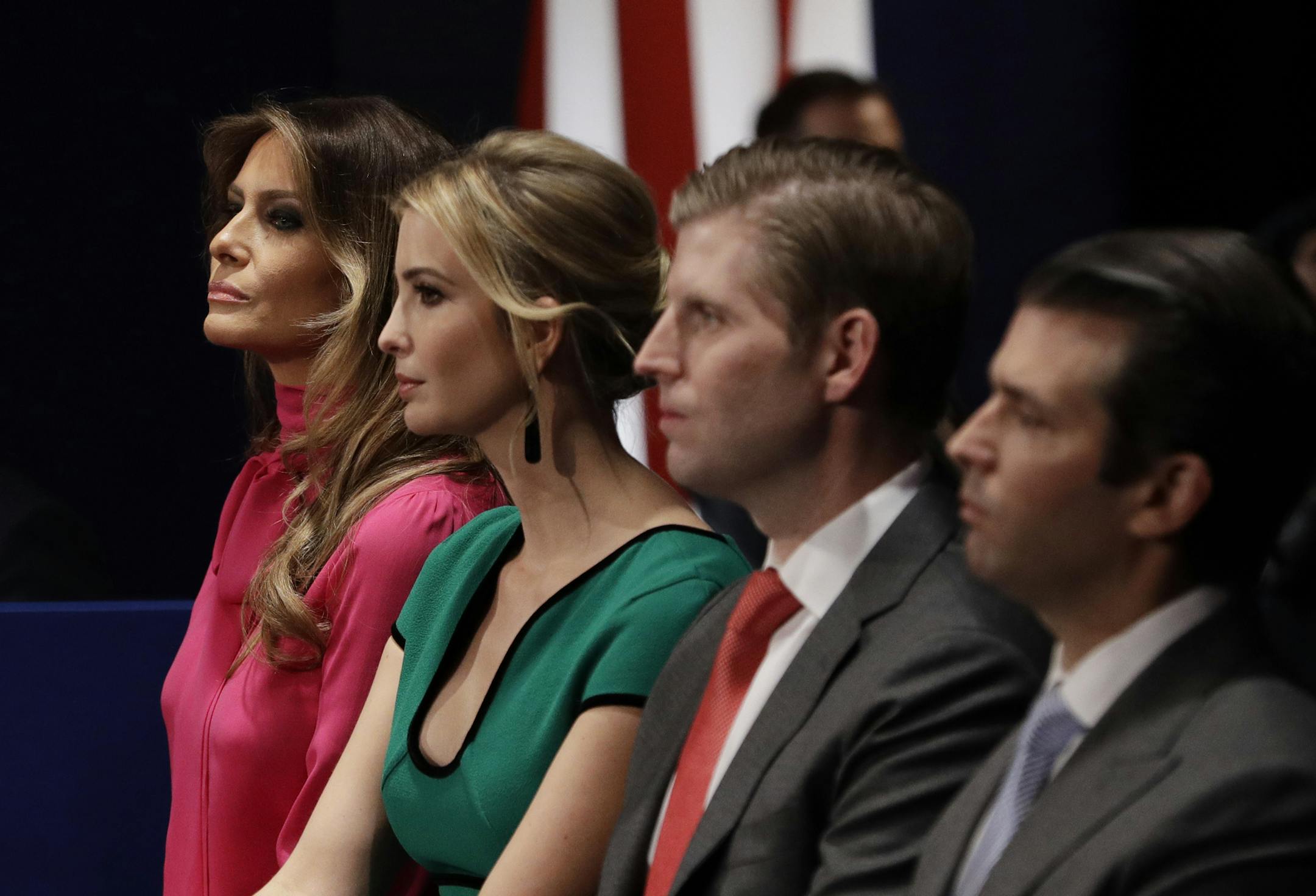 Melania Trump, from left, Ivanka Trump, Eric Trump and Donald Trump, Jr. wait for the second presidential debate between Republican presidential nominee Donald Trump and Democratic presidential nominee Hillary Clinton at Washington University, Sunday, Oct. 9, 2016, in St. Louis. (AP Photo/John Locher)