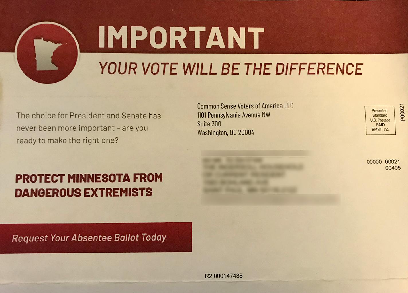 This mailer is being sent to households across Minnesota from a group called Common Sense Voters of America, an Ohio-based political advocacy group. (The mailing address has been blurred to protect the privacy of the recipient.)