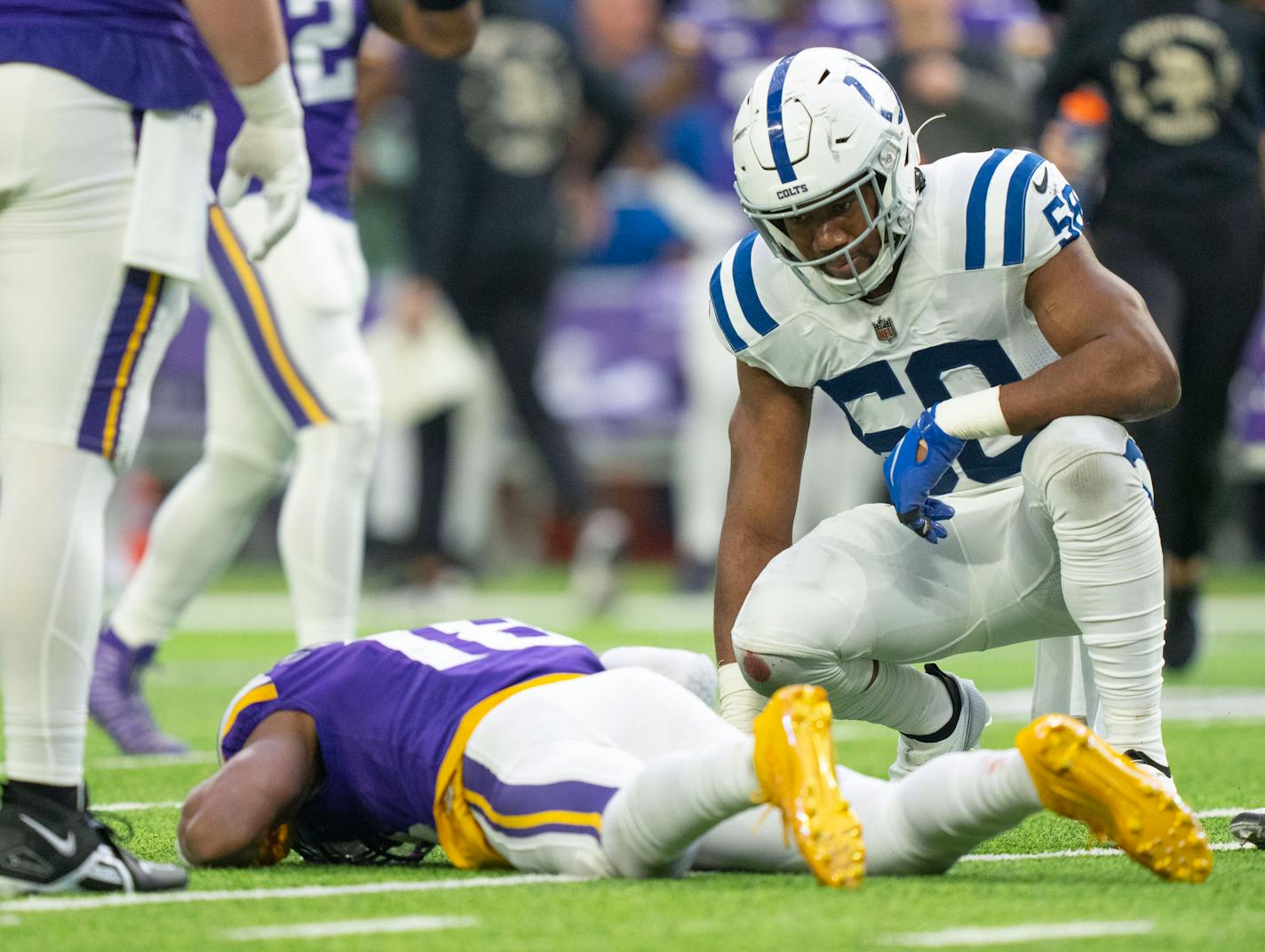 Justin Jefferson took a hard hit in the second quarter of Saturday's game against the Colts.