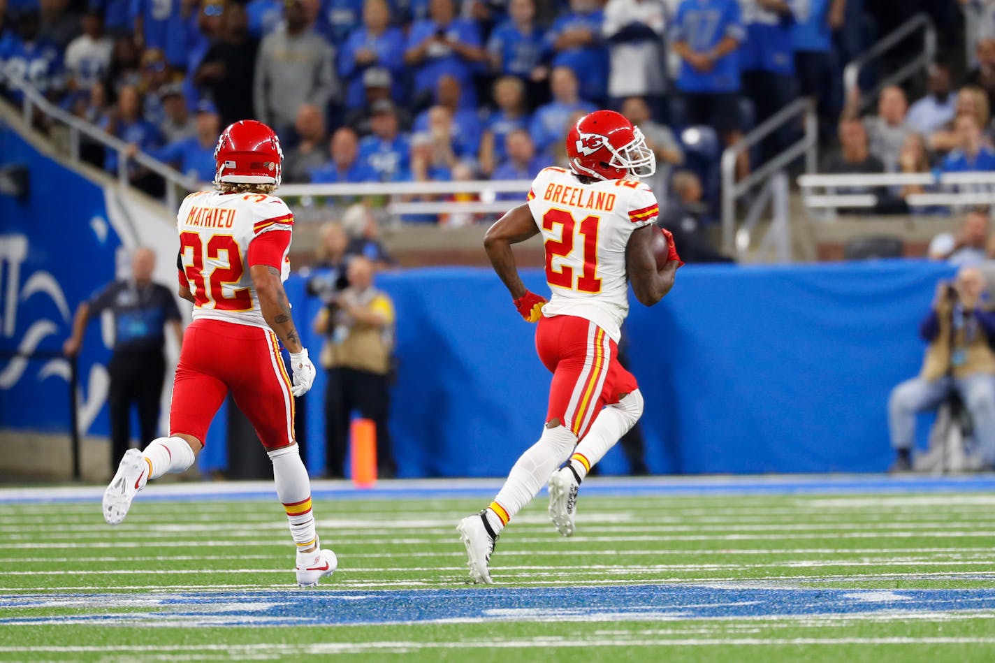 Kansas City Chiefs defensive back Bashaud Breeland (21) returns a fumble for a 100-yard touchdown during the second half of an NFL football game against the Detroit Lions, Sunday, Sept. 29, 2019, in Detroit. (AP Photo/Paul Sancya)