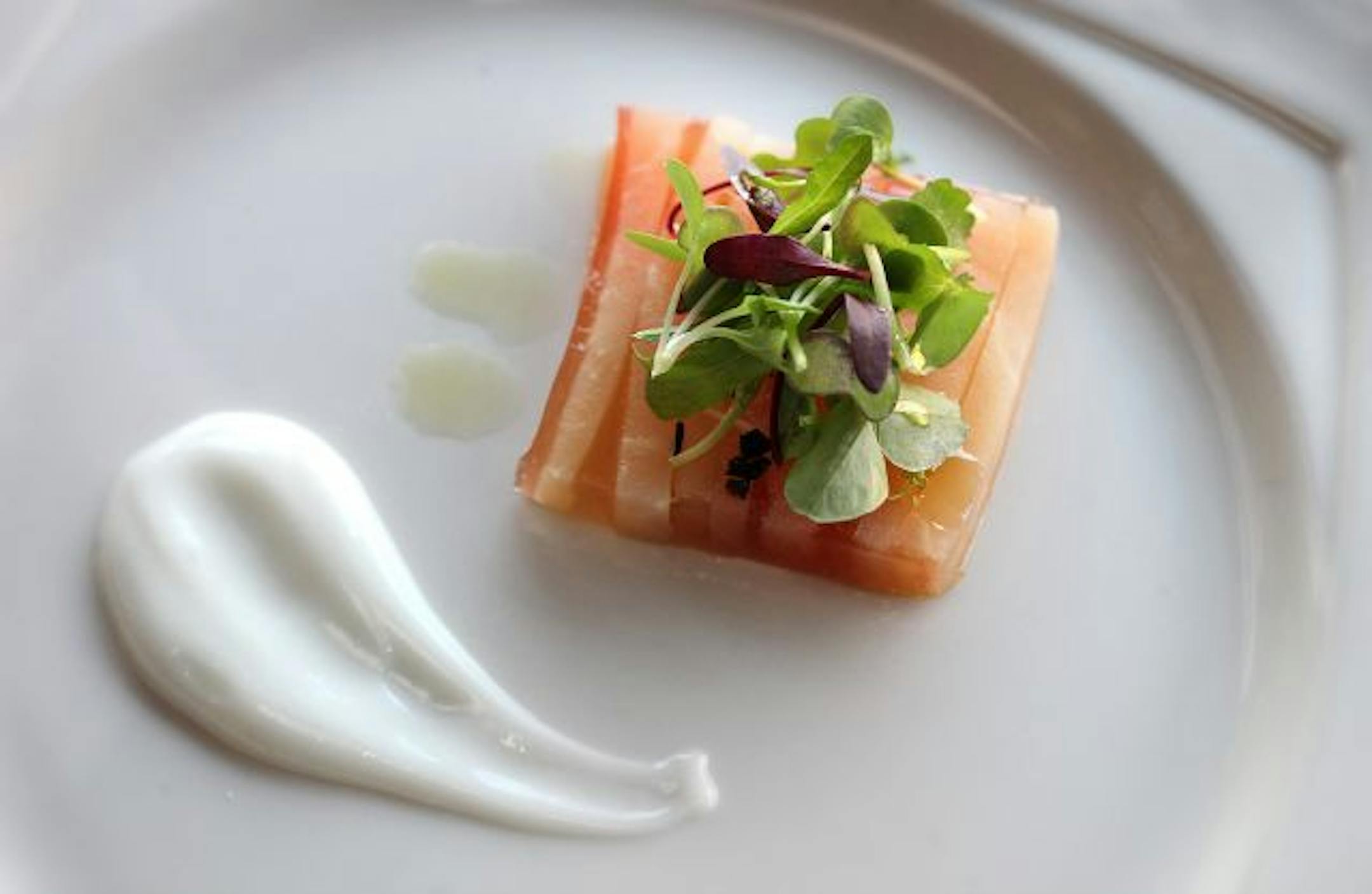 Beet terrine with micro greens, a favorite garnish.