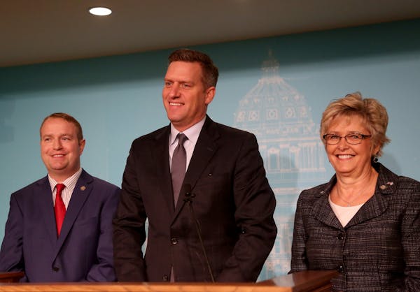 Minnesota House Speaker Kurt Daudt, center, appeared with fellow Republican legislators Rep. Nick Zerwas (R-Elk River), left, and Rep. Kathy Lohmer (R