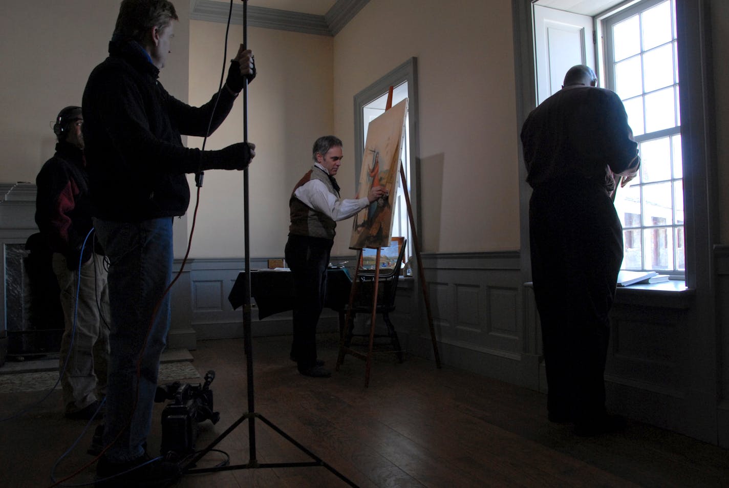 From left, audio technician William Ward, videographer Greg Bond, artist and Fort Snelling guide David Geister and host Tukufu Zuberi worked on the upcoming episode. Zuberi, a Pennsylvania sociology professor, came to uncover whether the artwork is authentic.