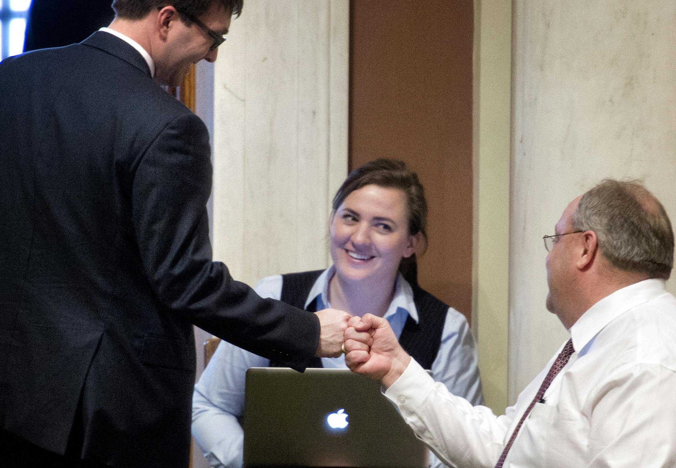 Greg Davids, R-Preston, got a “good job” fist bump from GOP staffer Bobby Patrick and a smile from GOP House communications director Susan Closmore for leading the charge against the DFL backed House tax bill. However, the House approved the tax bill but without any votes from Repblicans.