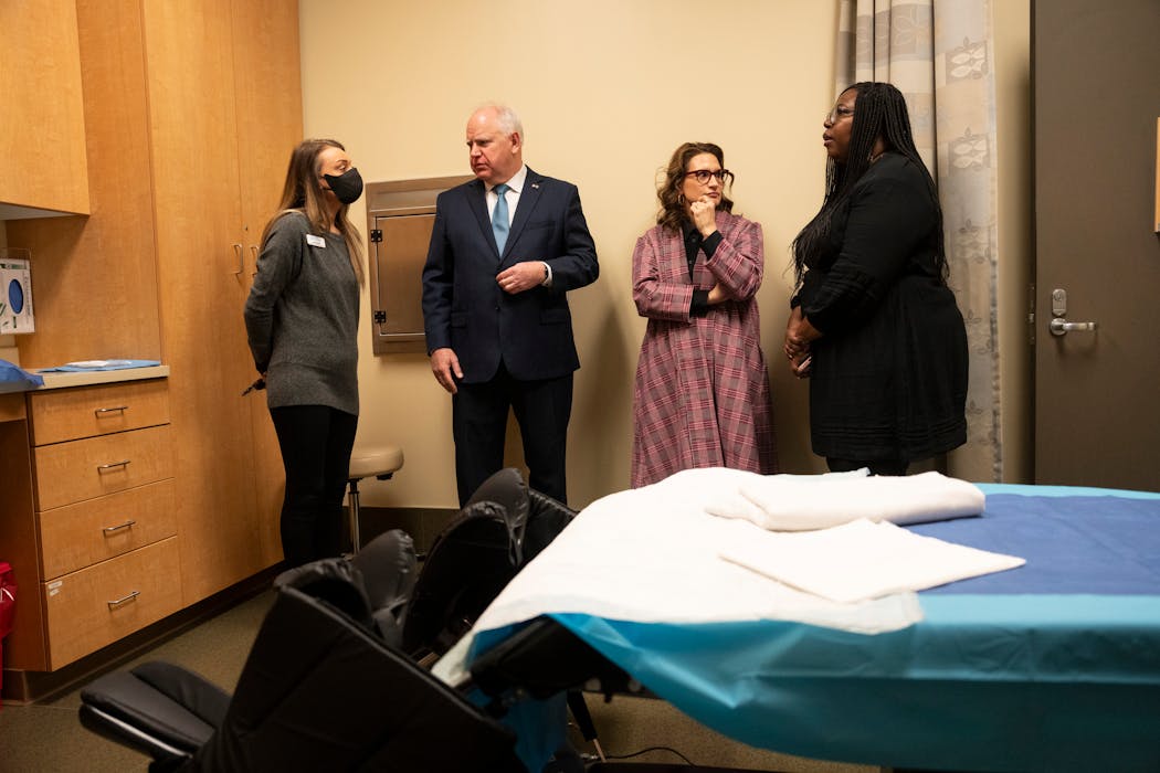 Ruth Richardson, right, gives Gov. Tim Walz and Lt. Gov. Peggy Flanagan a tour of a clinical room at Planned Parenthood in St. Paul in January. 