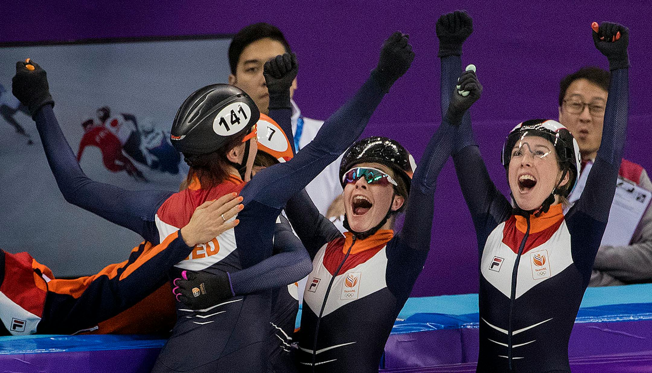 Netherlands skaters reacted after setting a world record with a time of 4:03.471 in the women's 3,000m relay on Tuesday at Gangneung Ice Arena.