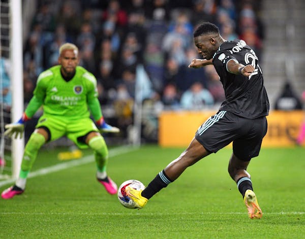 Loons forward Bongokuhle Hlongwane took a shot in the second half of Saturday’s 2-1 loss to Orlando City at Allianz Field. He scored his second goal