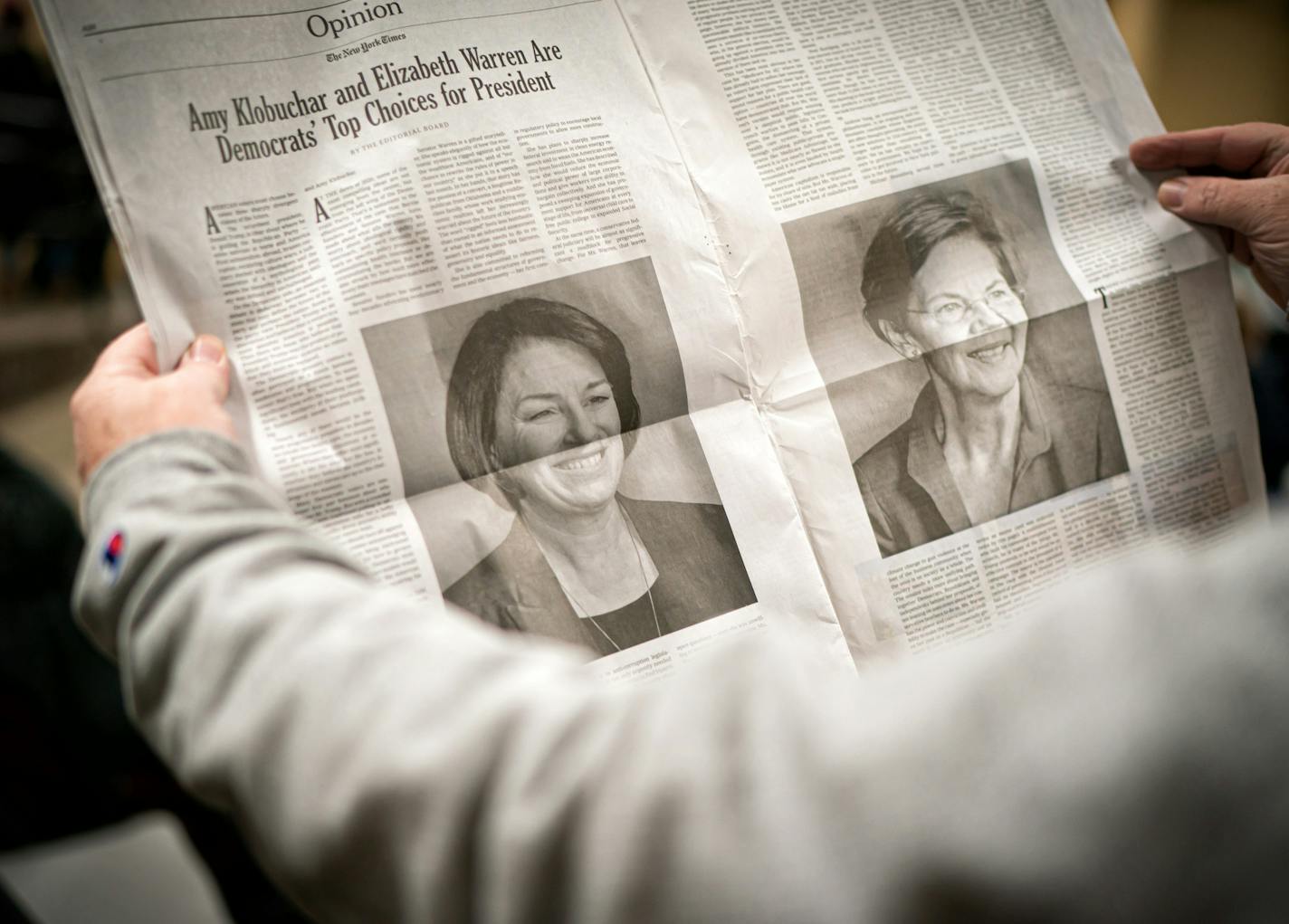 An audience member showed off his copy of the New York Times endorsement of Sen. Amy Klobuchar and Elizabeth Warren before the Mason City, Iowa, event. ] GLEN STUBBE &#x2022; glen.stubbe@startribune.com Monday, January 20, 2020 Sen. Amy Klobuchar held her final Iowa town hall event Monday night before heading to Washington, D.C. for the start of President Trump's impeachment trial.