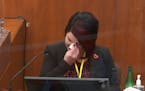 In this image from video, witness Courteney Ross answers questions as Hennepin County Judge Peter Cahill presides Thursday, April 1, 2021, in the tri