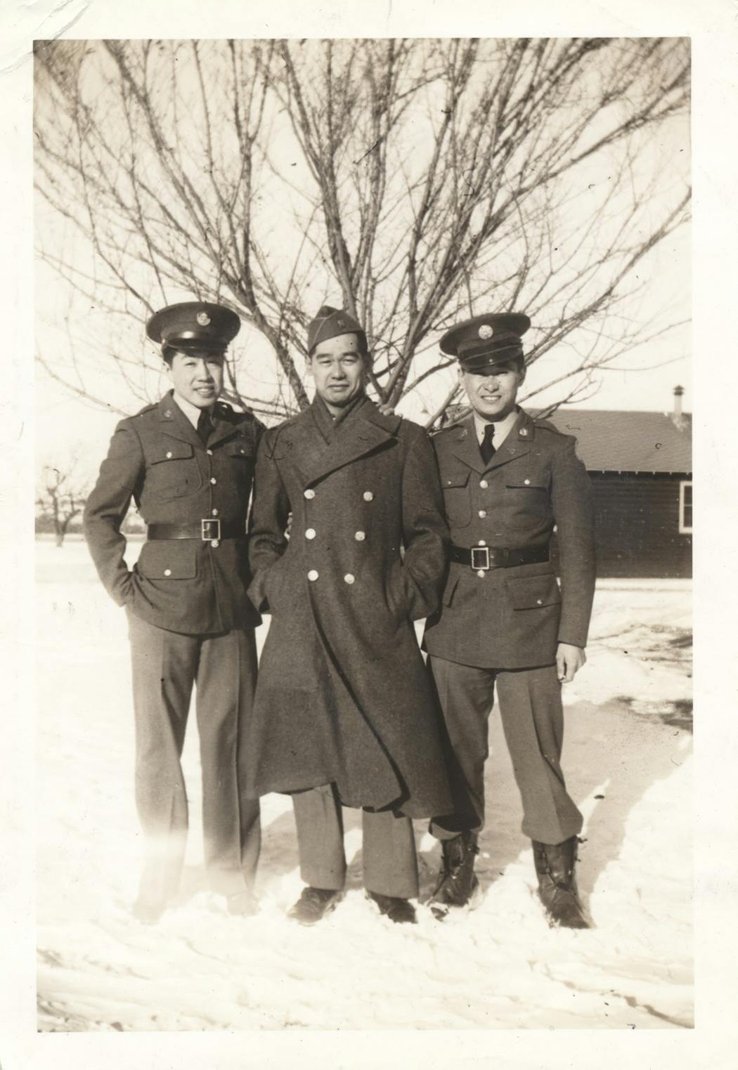 Walter Tanaka, right, posed for a photo with Ted Kihara and Hitoshi Okimura while attending the military language school at Camp Savage. Tanaka was part of its first graduating class in 1942.