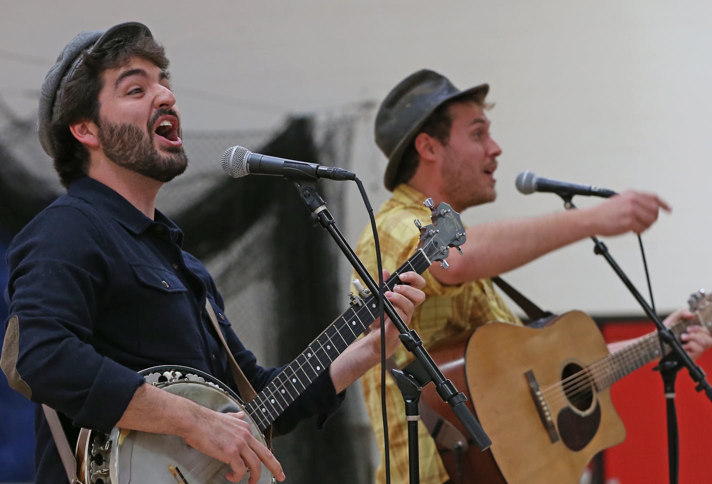 The Okee Dokee Brothers, Justin Lansing, left, and Joe Mailander, perform in 2014.