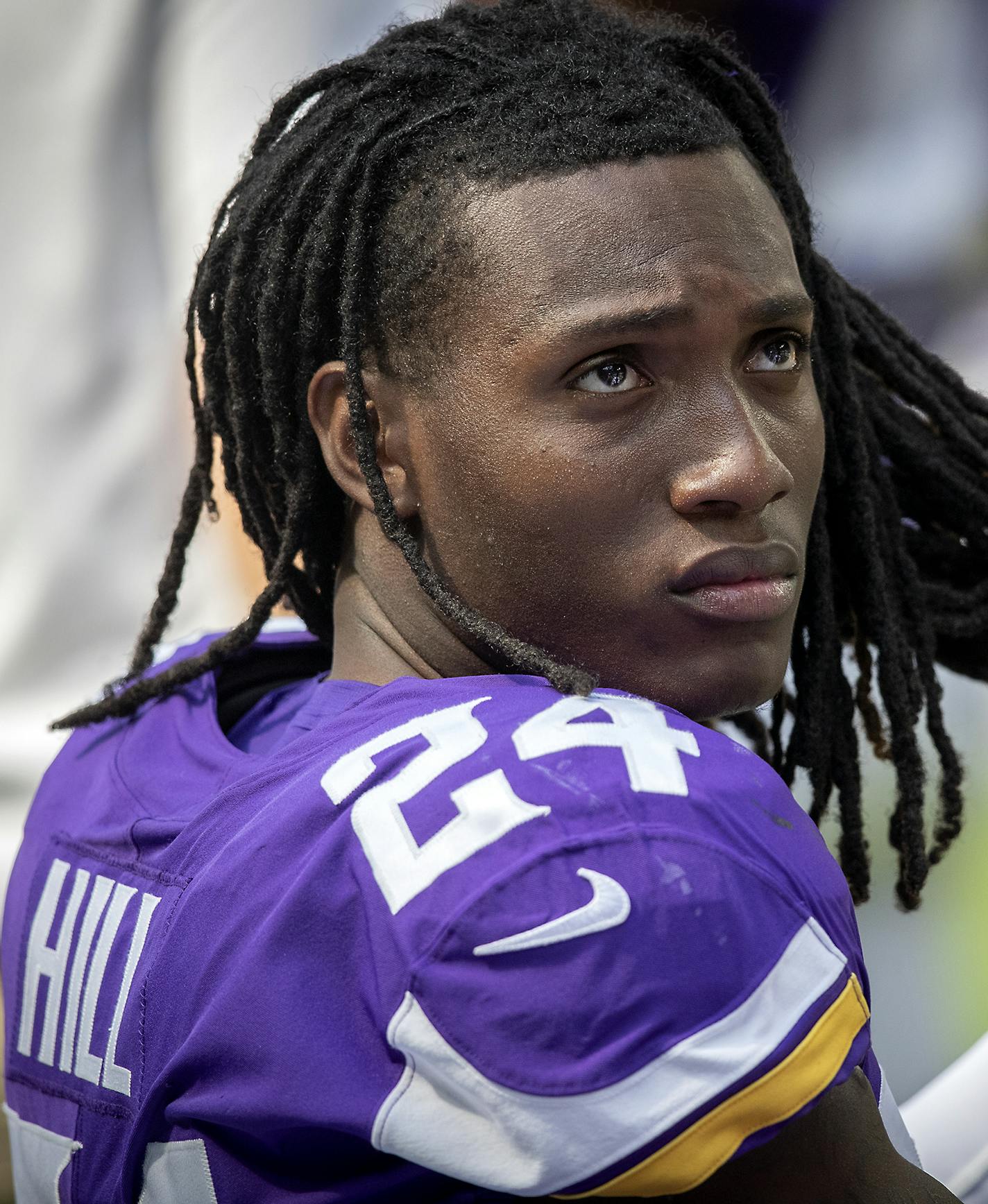 Minnesota Vikings defensive back Holton Hill watched from the bench in the fourth quarter as the Minnesota Vikings took on the Arizona Cardinals at US Bank Stadium, Saturday, August 24, 2019 in Minneapolis, MN. ] ELIZABETH FLORES &#x2022; liz.flores@startribune.com