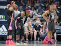 Minnesota Lynx forward Maya Moore, from left, Sylvia Fowles, Tanisha Wright, and Seimone Augustus showed their frustration during the fourth quarter a