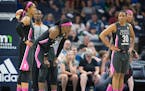 Minnesota Lynx forward Maya Moore, from left, Sylvia Fowles, Tanisha Wright, and Seimone Augustus showed their frustration during the fourth quarter a