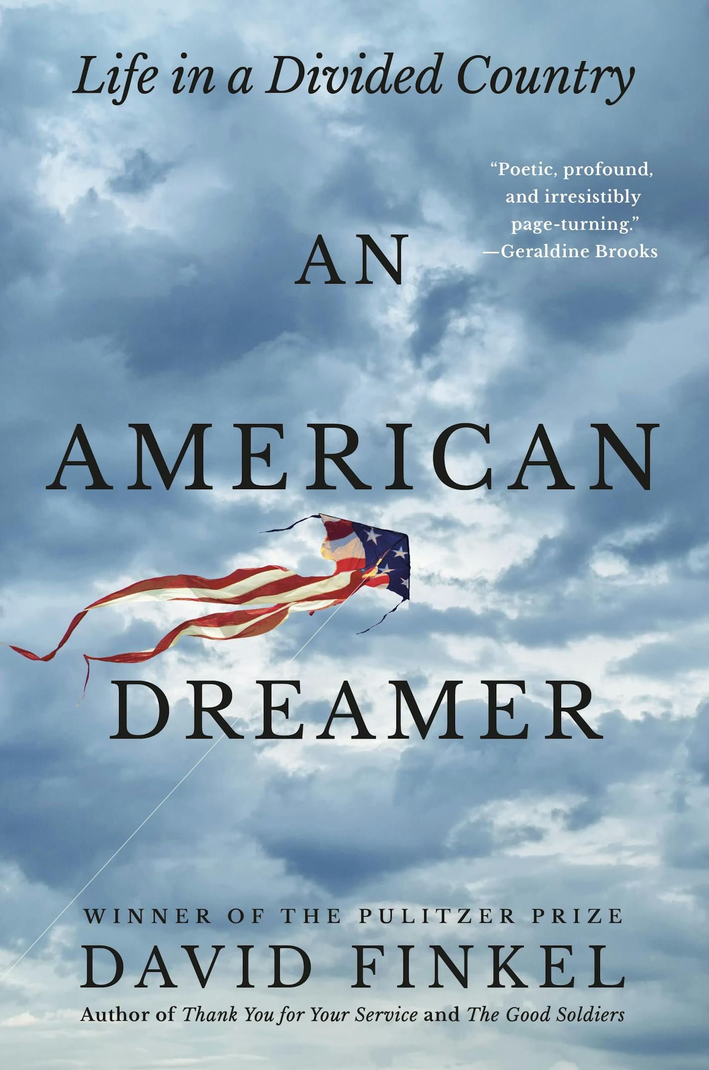 cover of "An American Dreamer," a red white and blue kite against a cloudy sky