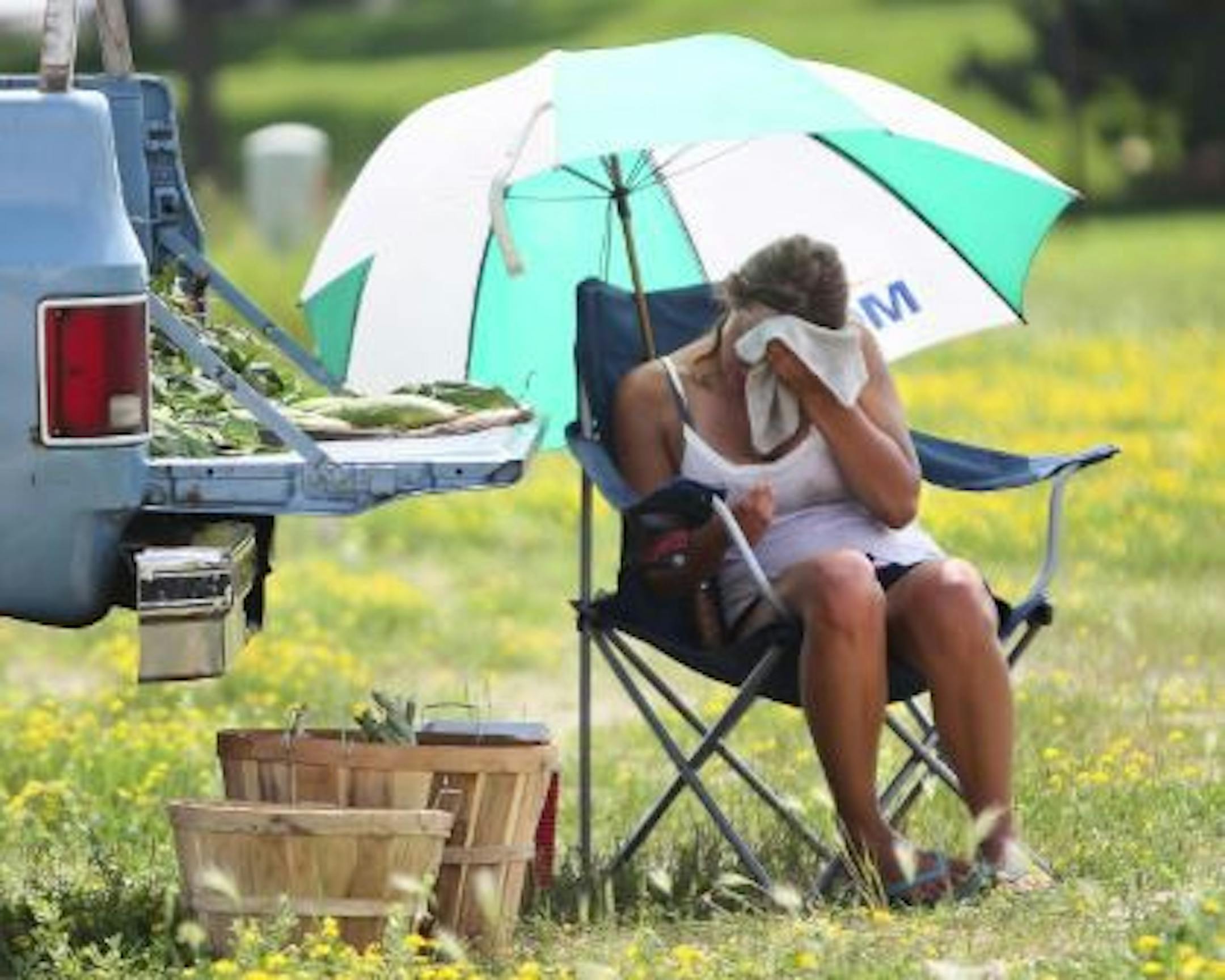 Many a brow could need wiping this weekend in the Twin Cities, much the way Tiffany Carrels did in the summer of 2011 while selling sweet corn in Northfield. Credit: Renee Jones Schneider, Star Tribune