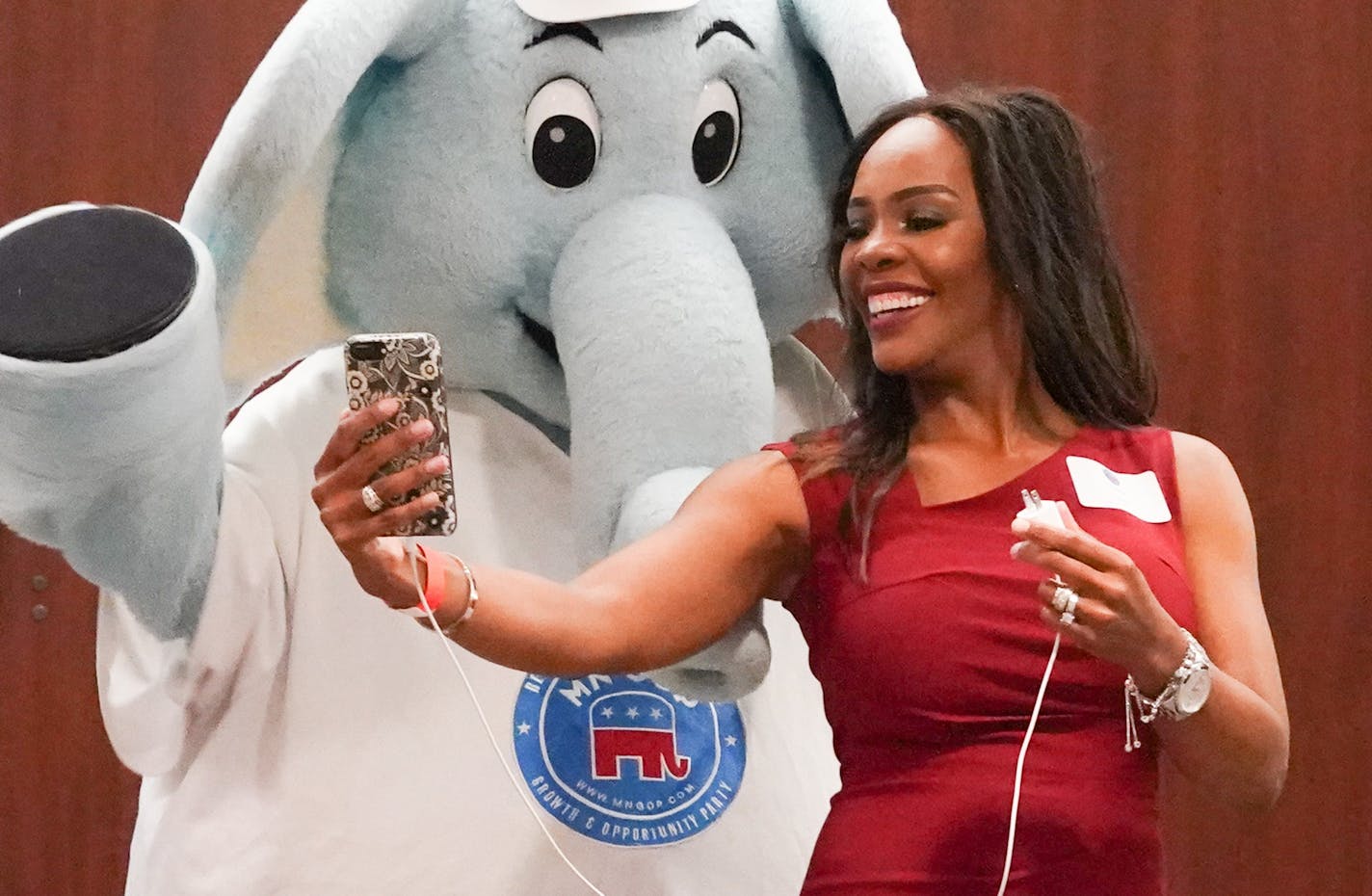 Cicely Davis couldn't resist taking a selfie with the MNGOP mascot at the Election Night Party at the DoubleTree Hotel in Bloomington.