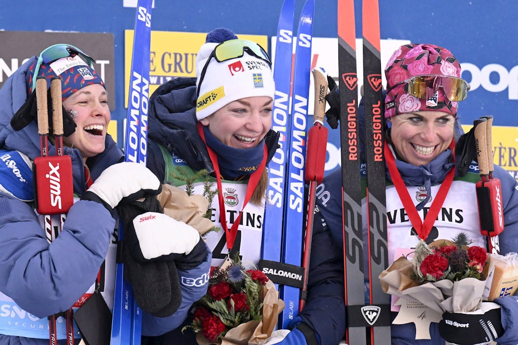 The Nov. 26 race was one of Diggins’ first since a relapse of her eating disorder left her questioning whether she still wanted to compete. Still, she finished a fraction of a second behind winner Moa Ilar, center, earning a check, some Gruyère and the confidence to keep going.