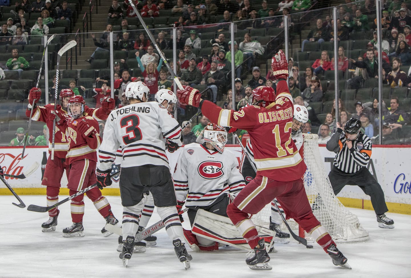 Denver forward Kohen Olischefski scored on St. Cloud on Saturday night.