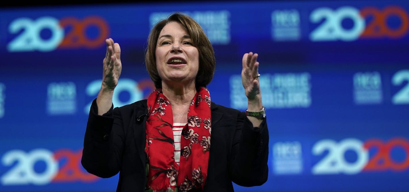 Democratic presidential candidate Sen. Amy Klobuchar, D-Minn., speaks during the National Education Association Strong Public Schools Presidential Forum Friday, July 5, 2019, in Houston. (AP Photo/David J. Phillip)