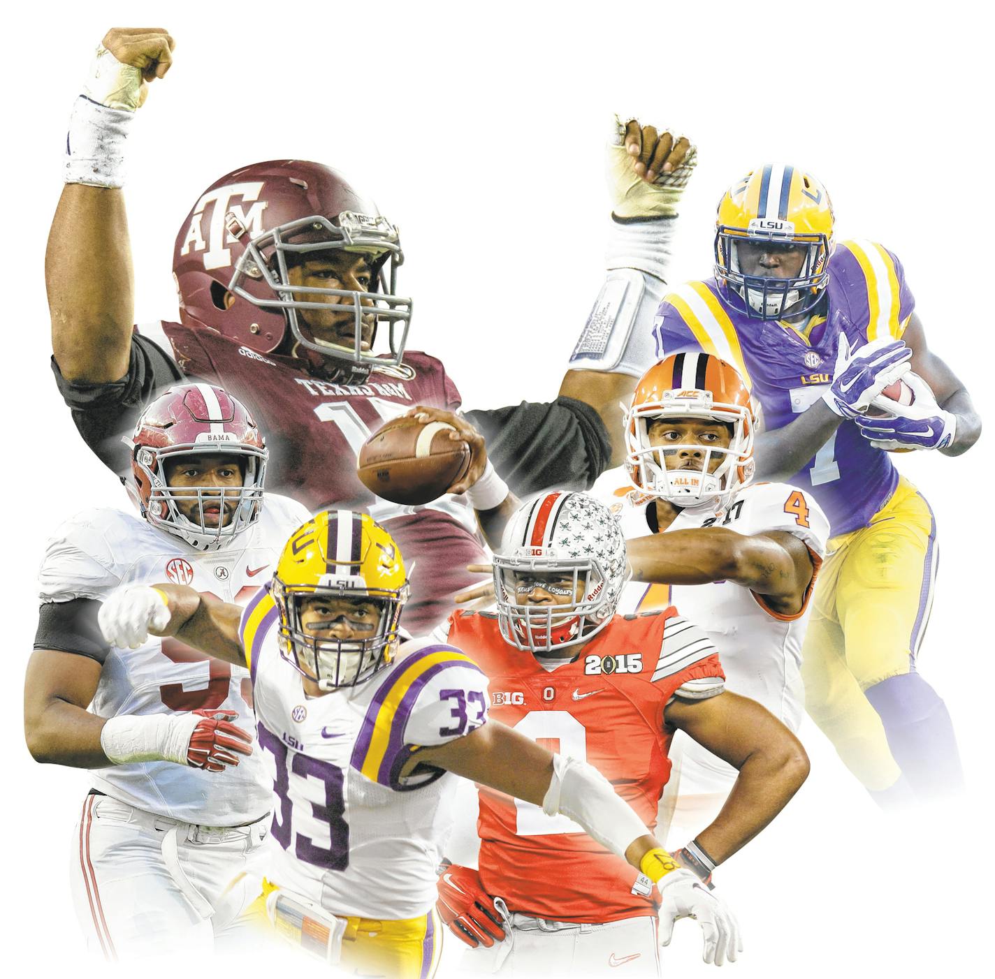 Counterclockwise from top: Myles Garrett, Jonathan Allen, Jamal Adams, Marshon Lattimore and Deshaun Watson.