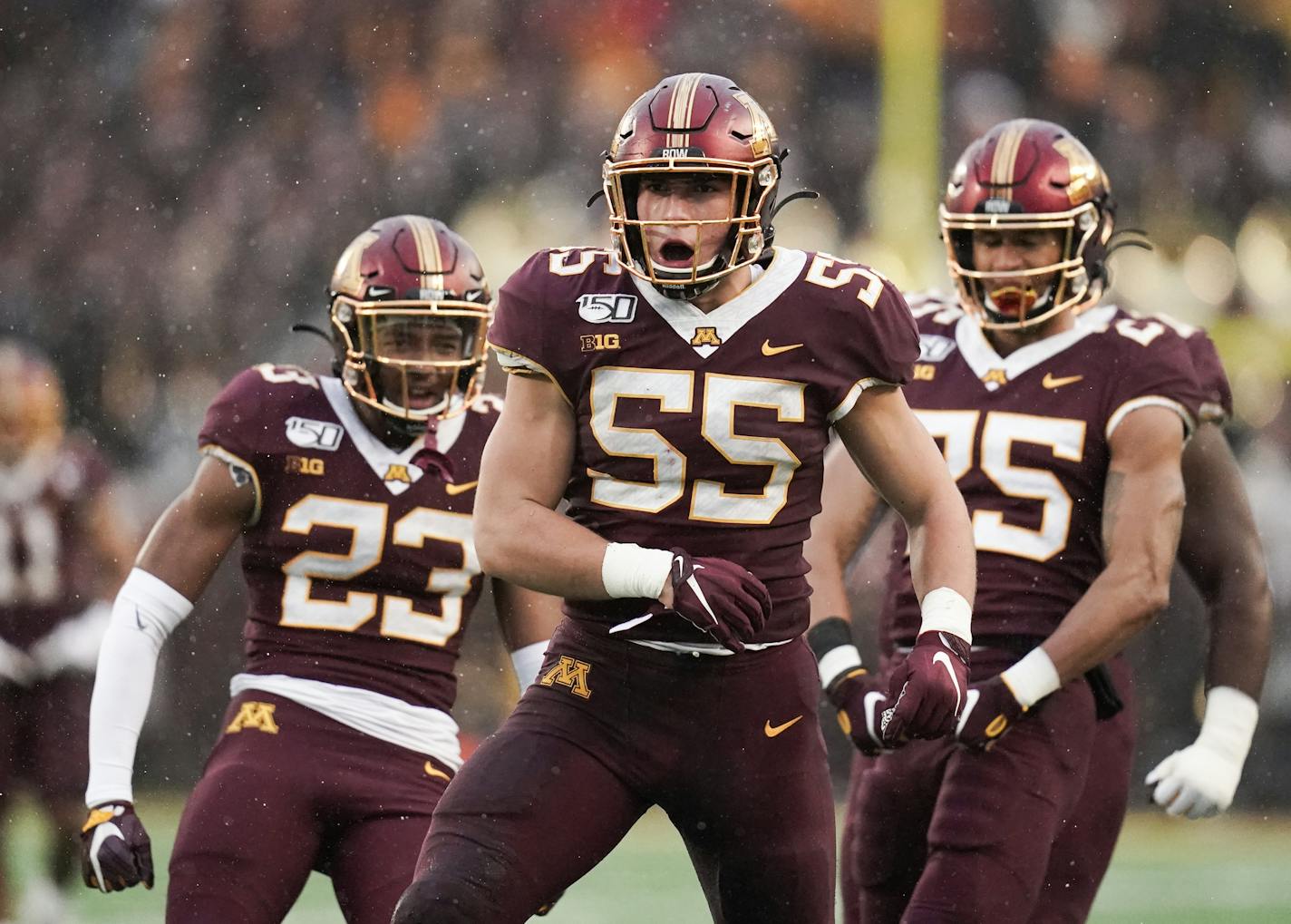 Minnesota Gophers linebacker Mariano Sori-Marin (55) celebrated after shutting down a fourth down play in the second quarter. ] MARK VANCLEAVE ¥ The Wisconsin Badgers played the Minnesota Gophers at TCF Bank Stadium on Saturday, Nov. 30,2019 in Minneapolis.