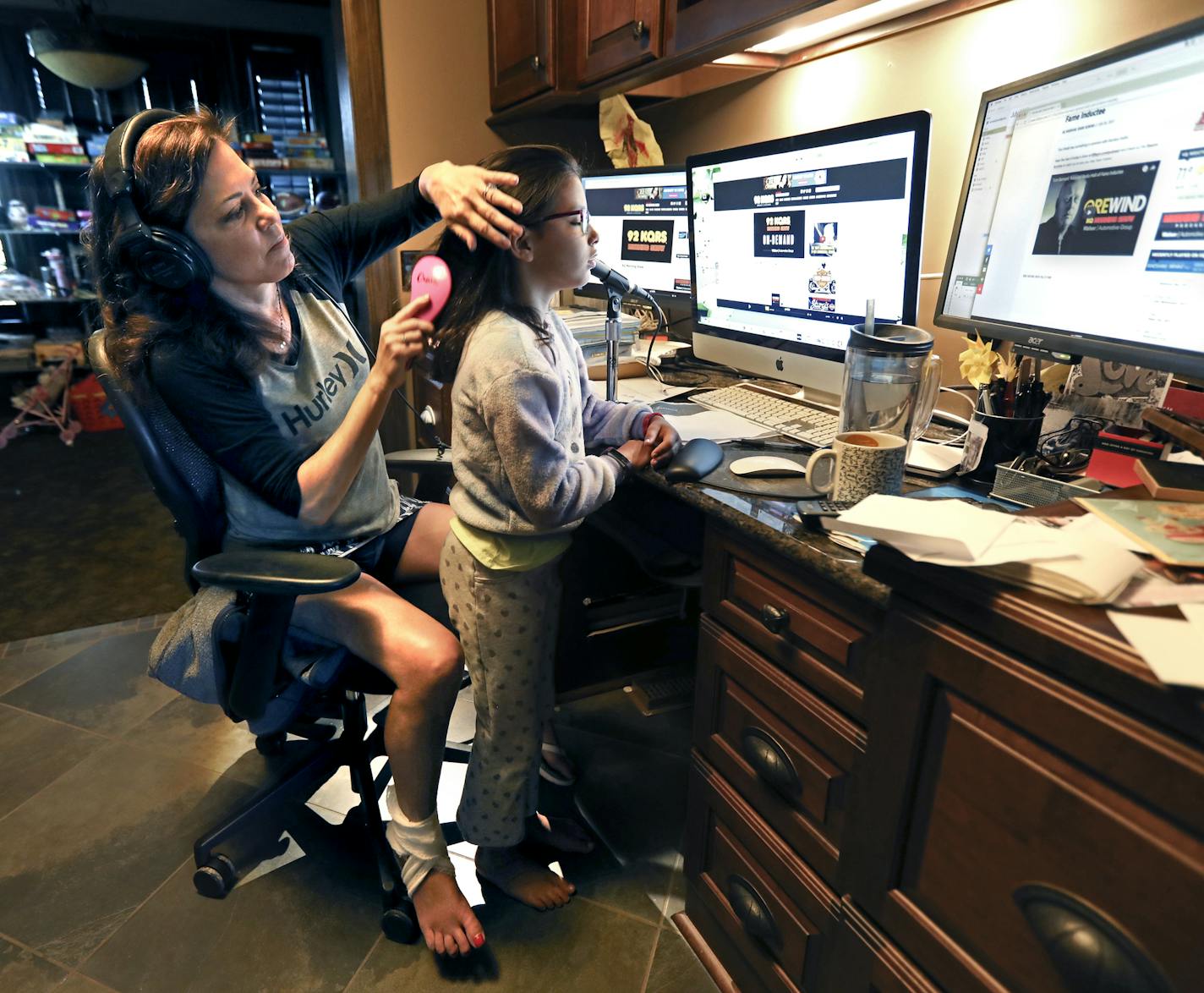 Michele Tafoya's local airtime comes on the KQRS morning show, which she broadcasts from her home, allowing her to brush her daughter Olivia's hair while she's working.