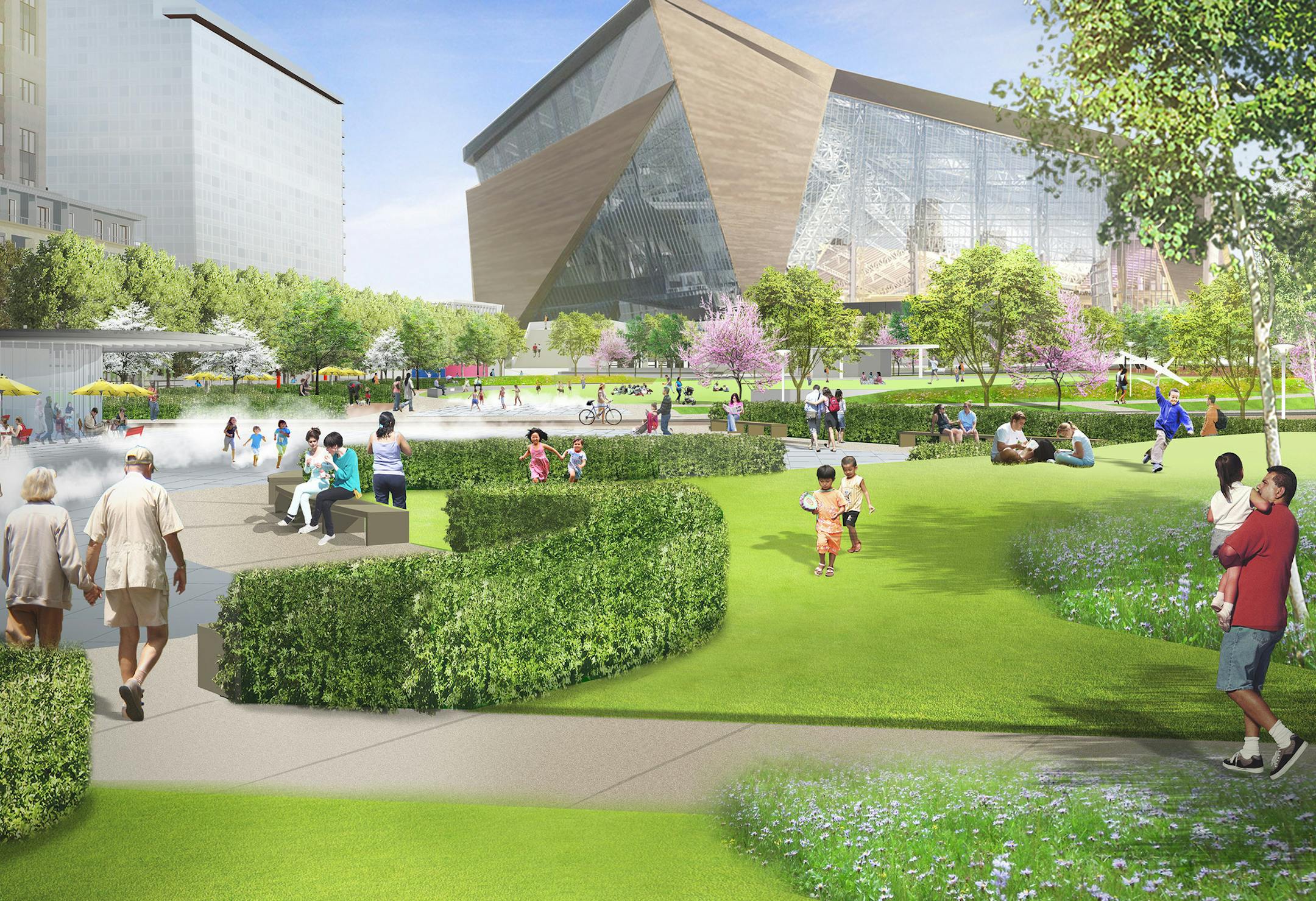 Landscape architect Hargreaves Associates unveiled Wednesday night close-to-final concept designs for the Commons -- the first images that actually show the direction the park design is headed. proposed park on site of former Star Tribune building and parking lot next to Vikings stadium.