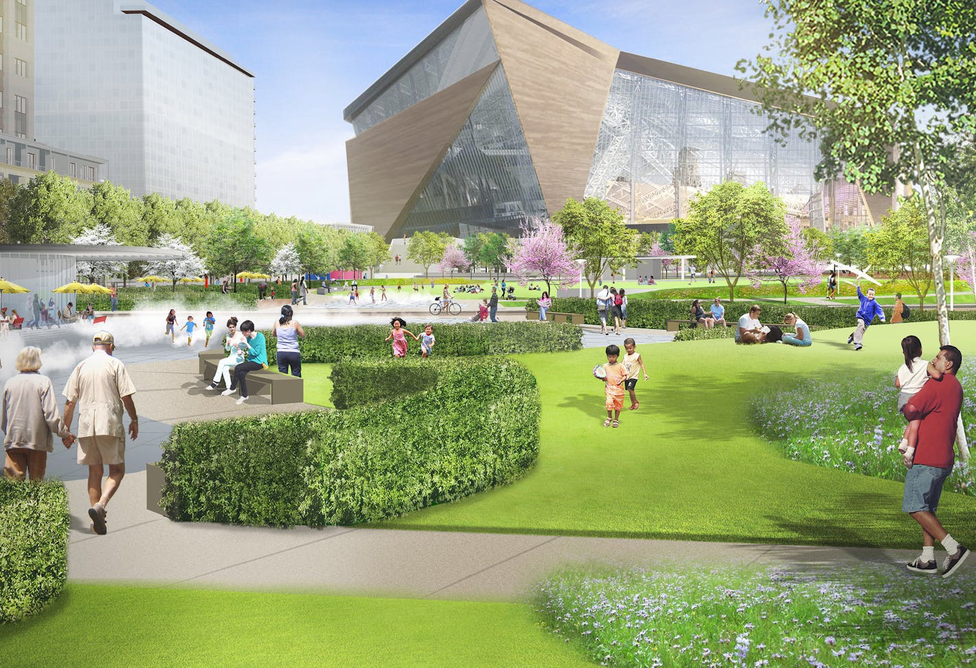 Landscape architect Hargreaves Associates unveiled Wednesday night close-to-final concept designs for the Commons -- the first images that actually show the direction the park design is headed. proposed park on site of former Star Tribune building and parking lot next to Vikings stadium.