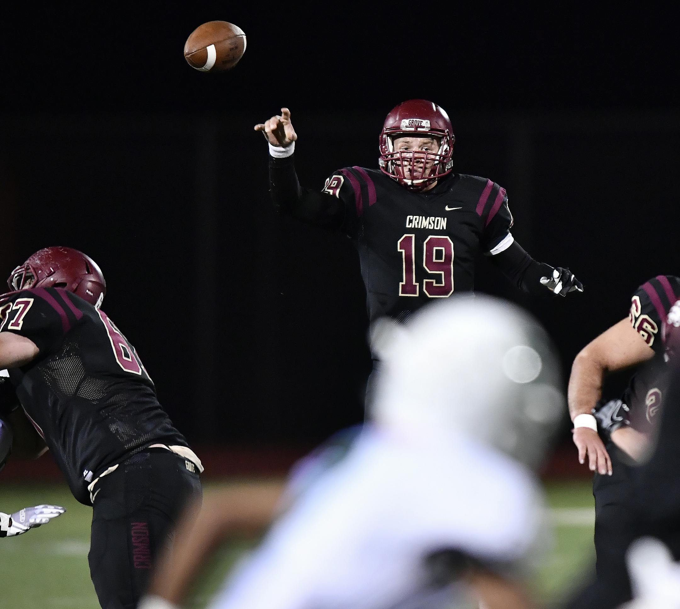 Maple Grove quarterback Brad Davison (19 / 19) passed the ball down field during the third quarter against Edina Friday night. ] (AARON LAVINSKY/STAR TRIBUNE) aaron.lavinsky@startribune.com Edina played Maple Grove in a 6A playoff game on Friday, Nov. 4, 2016 at Maple Grove High School.