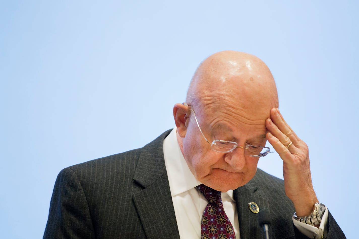 James Clapper, the Director of National Intelligence, speaks at the International Conference on Cyber Security at Fordham University, Wednesday, Jan. 7, 2015 in New York. Clapper says the cyberattack against Sony demonstrated a new threat from North Korea. He also warned that North Korea will continue the attacks against American interests unless the United States "pushes back." (AP Photo/Mark Lennihan) ORG XMIT: OTKNYML104