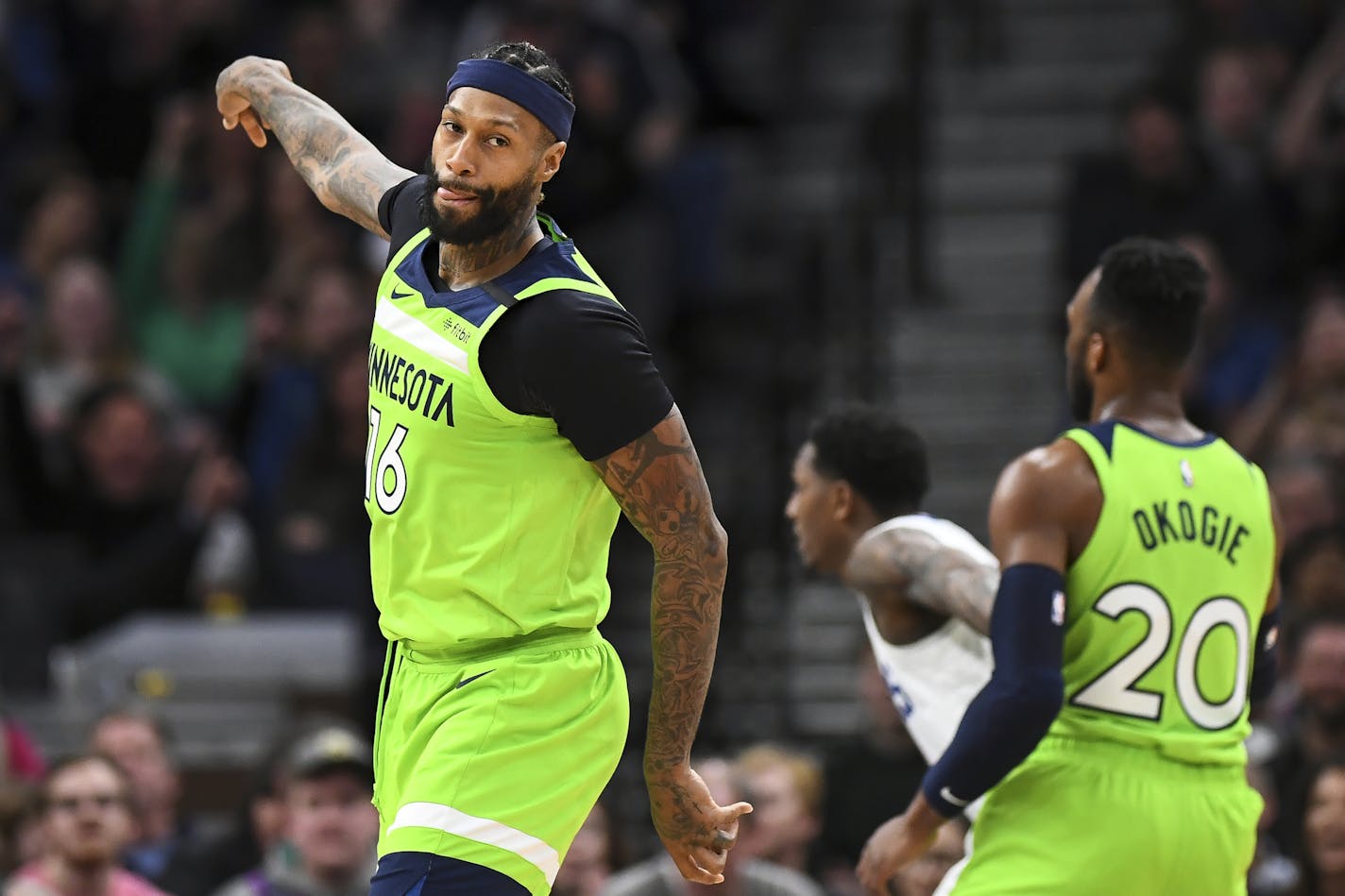 Minnesota Timberwolves forward James Johnson (16) reacted after scoring a basket in the second half. ] Aaron Lavinsky &#x2022; aaron.lavinsky@startribune.com The Minnesota Timberwolves played the Los Angeles Clippers on Saturday, Feb. 8, 2020 at Target Center in Minneapolis, Minn.