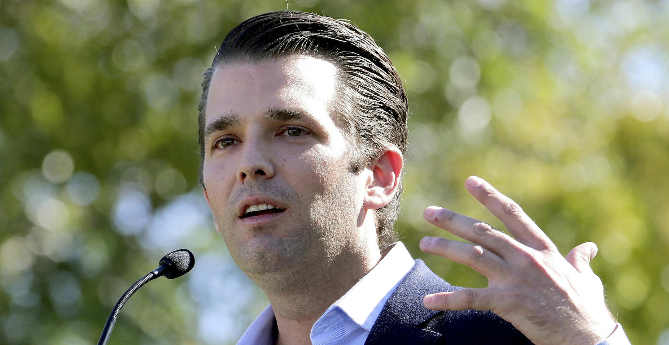 FILE - In this Friday, Nov. 4, 2016 file photo, Donald Trump Jr. campaigns for his father Republican presidential candidate Donald Trump in Gilbert, Ariz. Donald Trumpís eldest son, son-in-law and then-campaign chairman met with a Russian lawyer shortly after Trump won the Republican nomination, in what appears to be the earliest known private meeting between key aides to the president and a Russian. Representatives of Donald Trump Jr. and Jared Kushner confirmed the June 2016 meeting to Th