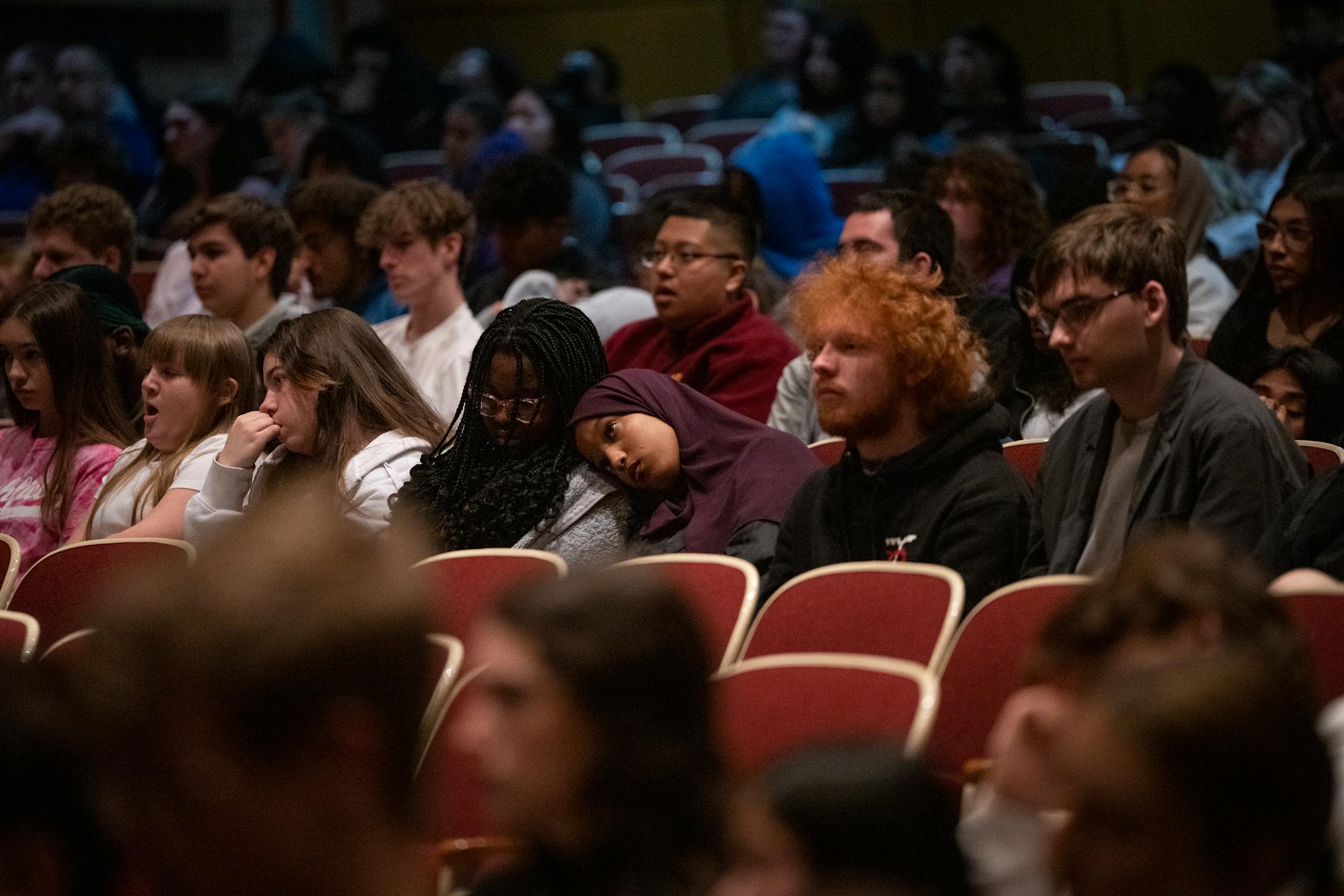 Students listen as the Minnesota Supreme Court hears oral arguments in the case of Cruz-Guzman v. State of Minnesota inside the auditorium at Richfield High School.