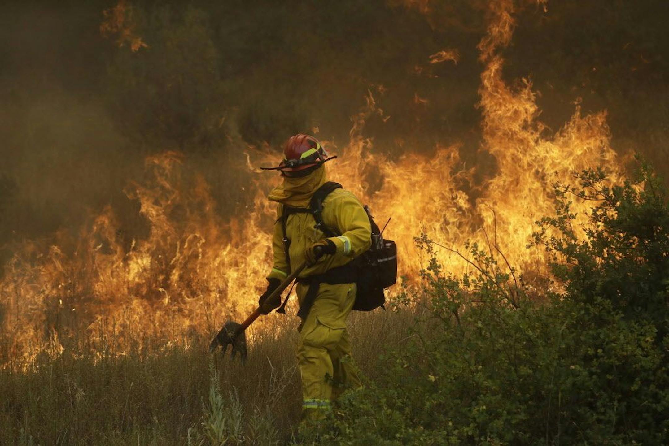 A firefighter with Cal Fire Mendocino Unit walks along a containment line as a wildfire advances Monday, July 30, 2018, in Lakeport, Calif. A pair of wildfires that prompted evacuation orders for thousands of people are barreling toward small lake towns in Northern California.