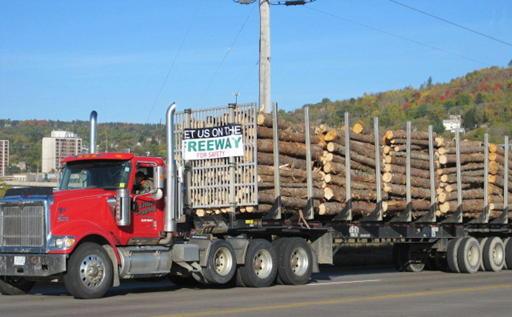 Logging trucks rallied against weight laws that keep them off the Interstate near Duluth in 2012. Photo courtesy of Scott Dane, Associated Contract Loggers and Truckers of Minn.