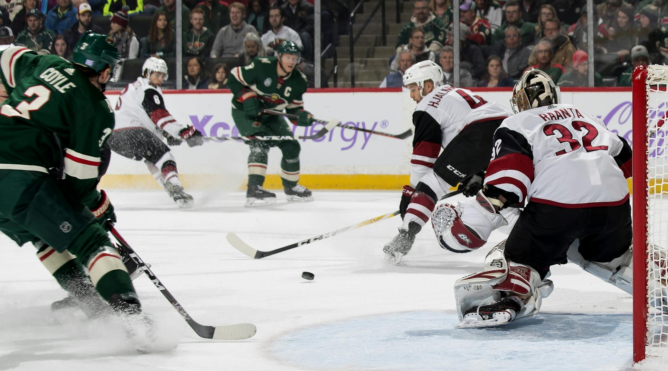 Charlie Coyle prepared to shoot the puck on a pass from Mikko Koivu for a goal in the first period.