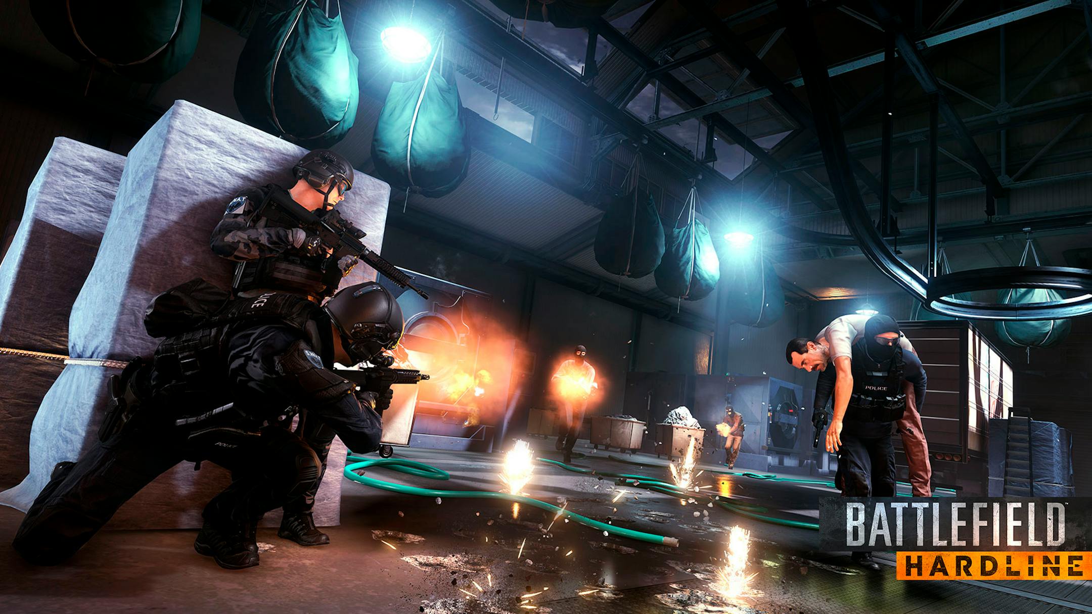 This photo provided by Electronic Arts shows a scene from the video game "Battlefield Hardline" (for PlayStation 4, PlayStation 3, Xbox One, Xbox 360, PC, $59.99), in which a SWAT team tries to prevent a gang of thieves from executing a heist. (AP Photo/Electronic Arts Inc.)