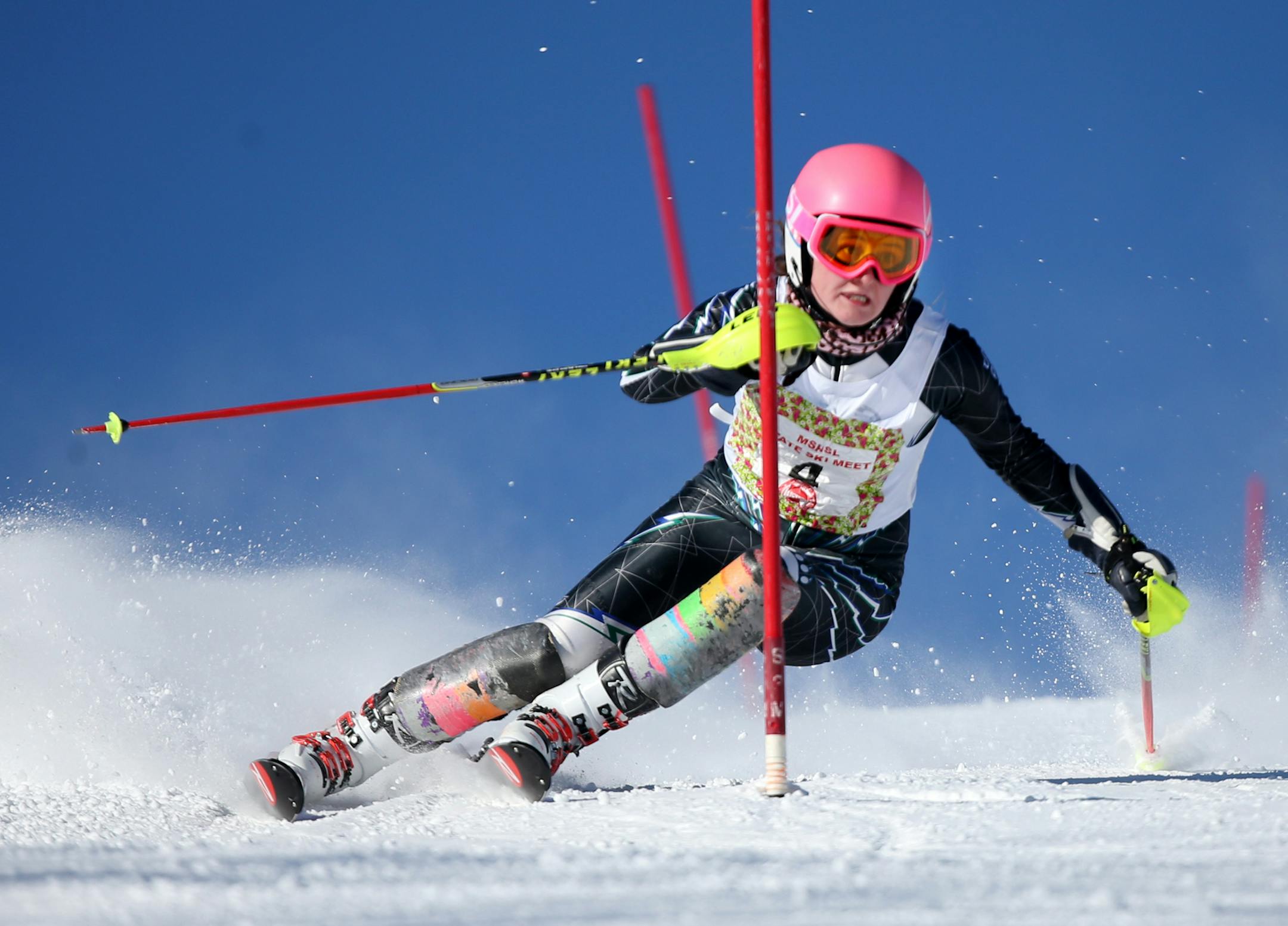 First place finisher Maddie Dekko of the Blake School takes a gate during her first run during the girls Alpine state ski meet Tuesday, Feb. 10, 2016, at Giantís Ridge in Biwabik, MN.](DAVID JOLES/STARTRIBUNE)djoles@startribune.com high alpine state ski meet Tuesday, Feb. 10, 2016, at Giantís Ridge in Biwabik, MN.** Maddie Dekko,cq