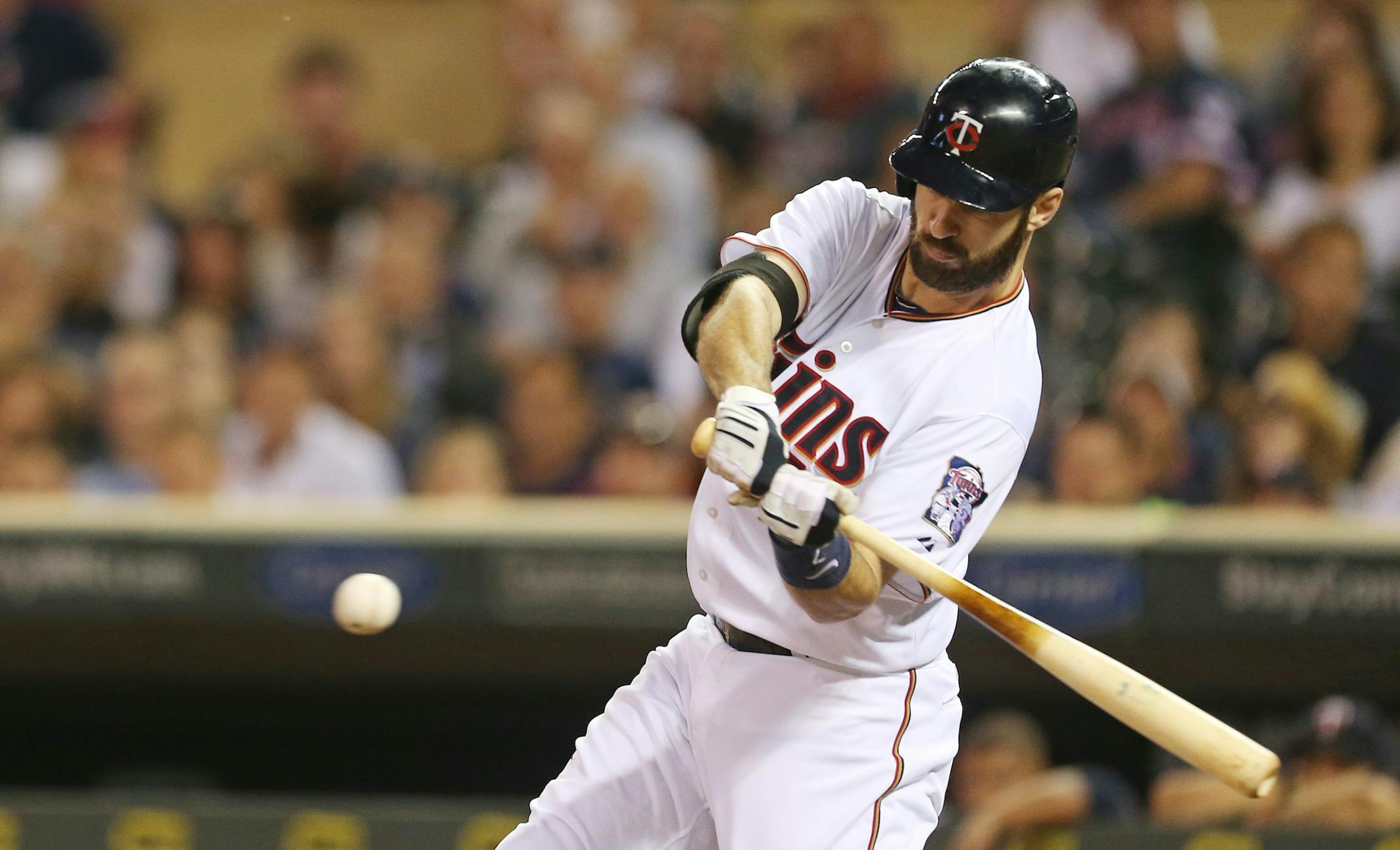 Minnesota Twins first baseman Joe Mauer (7) hit a RBI double in the third inning at Target Field Tuesday September 22, 2015 in Minneapolis, MN.